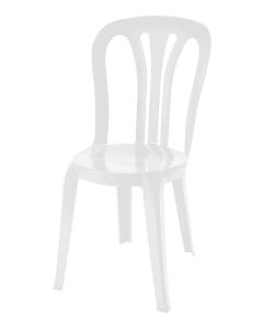 Profile view of white Garrotxa stacking plastic chair